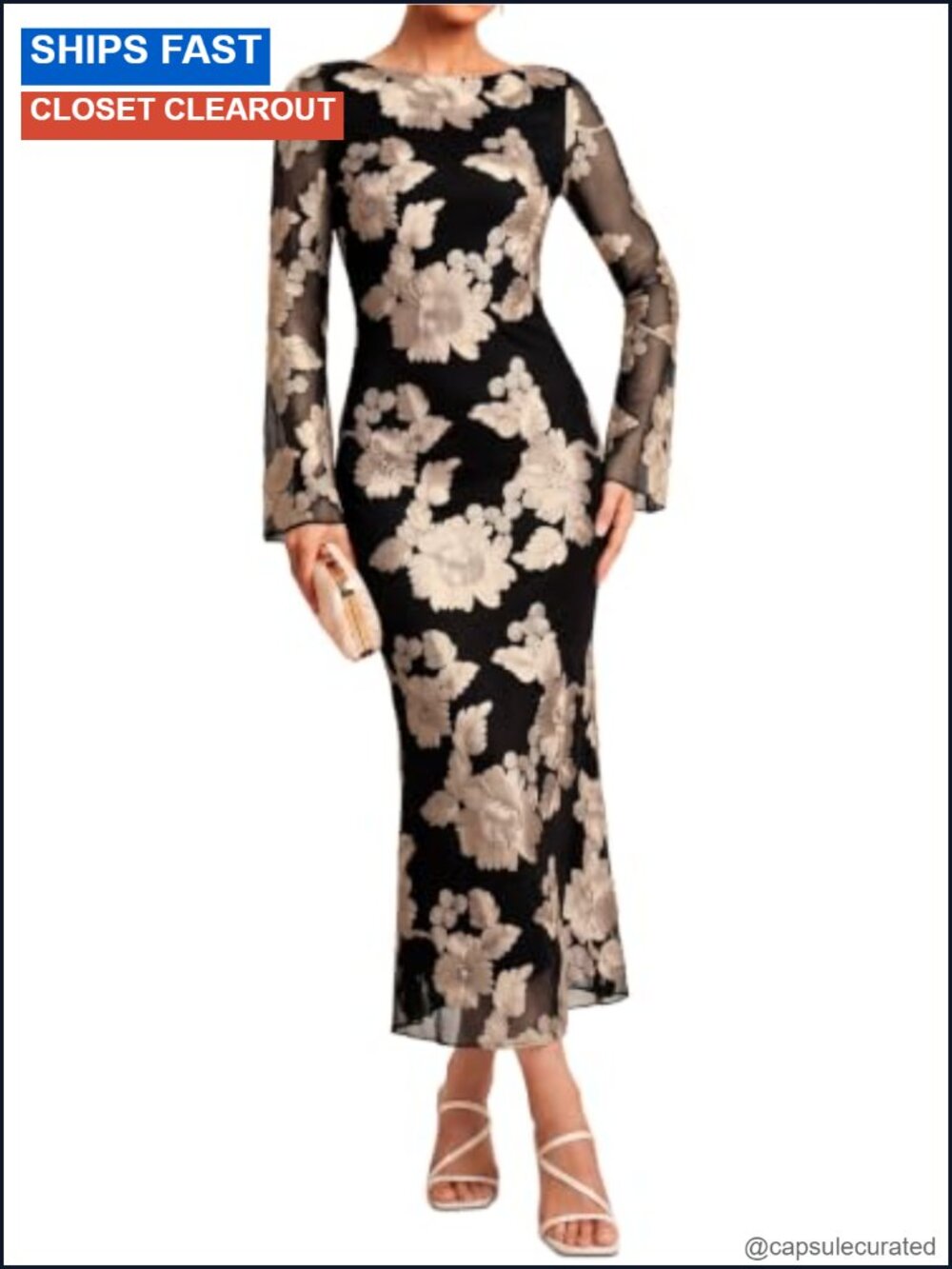 Women's Long Sleeve Floral Mesh Bodycon Maxi Dress Wedding Guest Cocktail